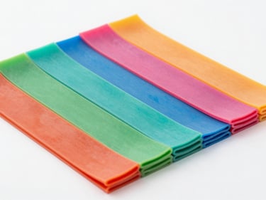 Set of colorful resistance bands neatly stacked on a white surface, bright studio lighting, sharp focus, 35mm