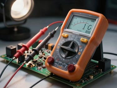 Multimeter probes on power supply PCB terminals, meter display showing voltage reading, bench lighting overhead, component traces visible in sharp focus