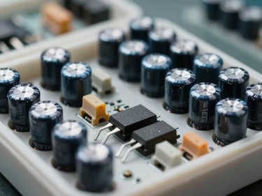 Close-up of electronic components — electrolytic capacitors, MOSFETs and fuses — sorted in a segmented component tray under bright work-light