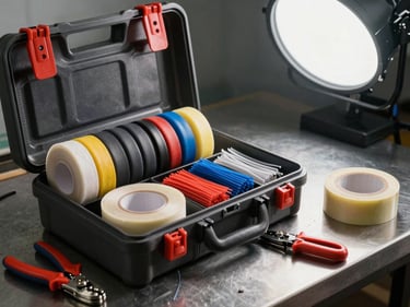 Open toolbox with heat-shrink tubing rolls, cable ties, terminal crimpers and insulating tape on a metal bench surface, overhead studio lighting
