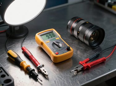 Digital multimeter, screwdriver set and alligator-clip probes arranged on a dark steel workbench under bright overhead diagnostic lighting
