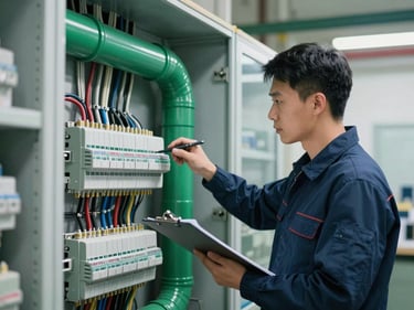 Medium shot of an engineer inspecting electrical conduits and wiring in a building's utility room, with a clipboard in hand, clean and organized industrial environment.