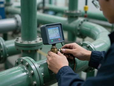 Close-up of an engineer's hands operating an ultrasonic flowmeter on a large pipe in an industrial facility, focused on the digital display, cool facility lighting.