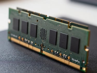 Close-up of server RAM modules standing in a row on a dark anti-static mat, gold contact fingers sharp in focus, bright even overhead lighting