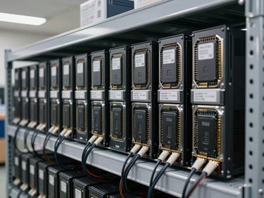 Wide shot of a row of enterprise SSD and HDD storage arrays on a clean metal shelf, bright even warehouse light, cables neatly managed