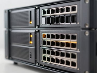 Extreme close-up of a rack-mount server front panel, multiple drive bays and status LEDs visible, bright even studio lighting, shallow depth of field on the port array