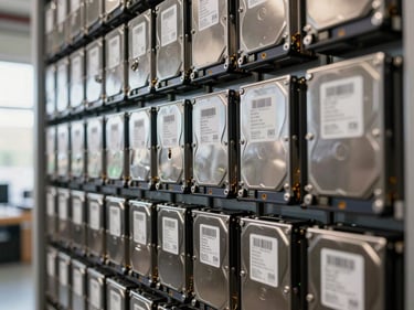 Close-up of a dense SSD and HDD storage array panel, drive sleds partially ejected showing label detail, bright warehouse daylight from the left, crisp product framing