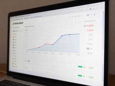 Close-up of a TikTok Shop dashboard on a dark monitor screen showing real-time sales graphs and conversion rate metrics, clean studio lighting, data visible on interface