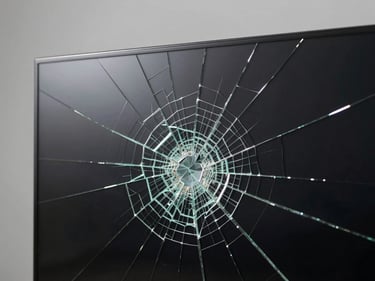 Close-up of a cracked TV screen surface, fracture lines radiating from impact point, bright studio lighting showing damage sharply, neutral grey background, tight frame filling the shot