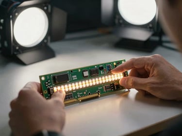 Open TV back panel with backlight strips exposed, technician hands pointing to a failed LED strip, bright overhead studio light, neutral workbench surface, medium close-up
