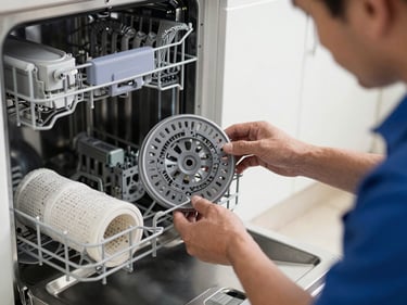A technician inspecting the filter and spray arm of an open dishwasher