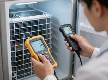 Close-up of a technician checking the cooling coils of a modern refrigerator with professional diagnostic tools