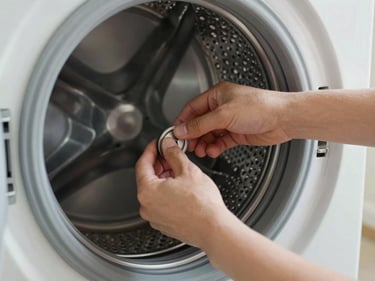 Technician hands adjusting the drum belt of a washing machine, bright natural lighting