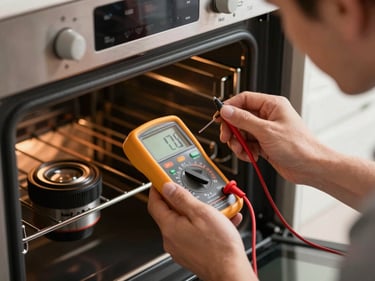 Close-up of technician testing the heating element of a built-in oven with a multimeter