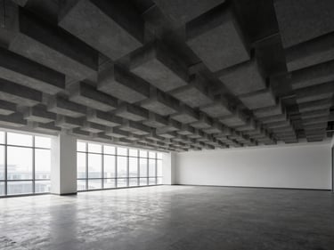 Wide architectural shot of an open-plan corporate office showing suspended acoustic ceiling baffles in a regular array, cool north-facing daylight, empty space, charcoal and white palette
