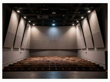 Wide shot of a performing arts black-box theater interior showing angled diffuser panel arrays on side walls and ceiling, cool controlled theatrical lighting off, empty seating area, no people