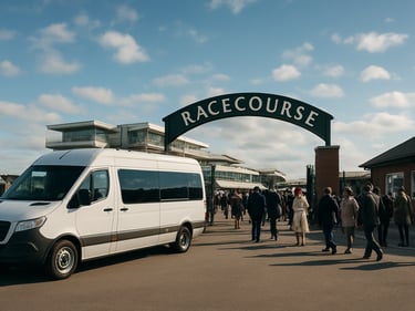 Wide shot of a minibus parked at Aintree Racecourse entrance on a bright afternoon, racegoers walking in, North West sky with light clouds