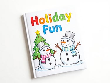 Colorful children's coloring book cover, 'Holiday Fun' title, featuring a happy snowman and Christmas tree, bright high-key product photography flatlay.