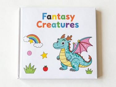 Colorful children's coloring book cover, 'Fantasy Creatures' title, featuring a friendly dragon, bright high-key product photography flatlay.