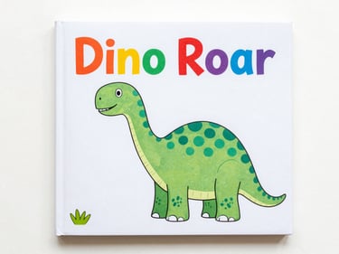 Colorful children's coloring book cover, 'Dino Roar' title, featuring a playful Brontosaurus, bright high-key product photography flatlay.