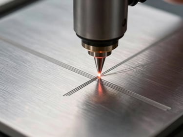 Extreme macro shot of a laser engraving head tracing fine detail lines on a brushed aluminium plate, raking light highlighting the engraved marks against the reflective metal surface