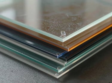 Close-up of cut acrylic sheets stacked at an angle under raking light, transparent and colored variants visible, polished cut edges catching the light sharply
