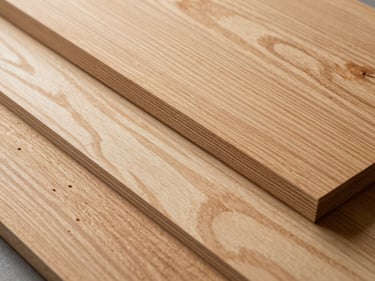 Overhead flat-lay of routed plywood and solid wood panels showing grain detail and precise profile cuts, studio strobe raking from the left to reveal texture and kerf edge quality