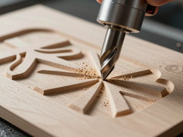 Close-up of a CNC router bit carving intricate 3D relief into a thick MDF panel, raking studio strobe light casting sharp shadows into the carved grooves, wood dust visible mid-air