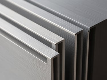 Close-up of CNC-routed ACP and aluminium composite panels showing clean channel cuts and brushed metal surface texture under hard side light, cut edges reflecting sharply