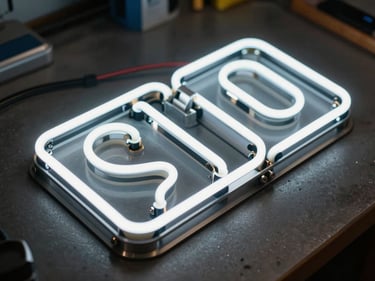Overhead close-up of illuminated neon box letters on a dark workshop bench, raking side light revealing the acrylic face and metal housing edges, cables visible at the rear