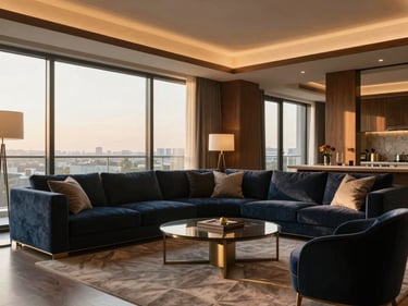 Modern luxury apartment living room with large windows, warm afternoon light, high-end furniture