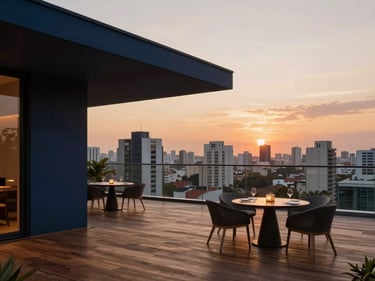 Minimalist penthouse terrace with skyline view of São Paulo, sunset sky, elegant outdoor seating