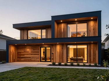Stunning contemporary house facade with wood paneling, clean lines, manicured lawn, twilight
