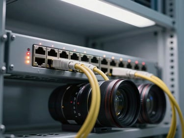 Technical close-up of a network switch with fiber optic cables connected, status LEDs illuminated, rack-mounted in a structured cabling bay under white overhead light