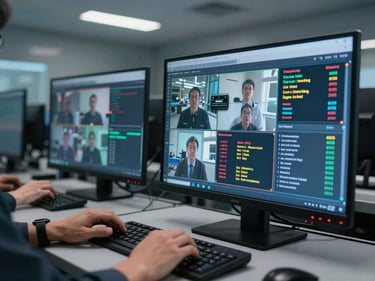 Control room monitor displaying AI-driven analytics dashboard with live camera feeds and alert overlays, operator hands on keyboard, cool overhead lighting, multiple screens visible in background