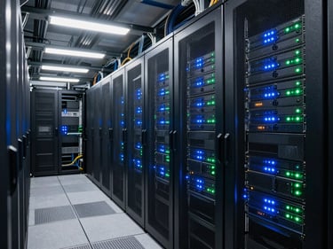 Wide shot of a data center aisle with server racks lit from inside, indicator lights glowing blue and green, cable management visible overhead, cool overhead fluorescent lighting