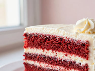 Close-up of a vibrant Red Velvet cake slice with distinct cream cheese frosting layers, showing the cake's texture. Soft side window light, pastel tones, shallow depth of field, 50mm macro.