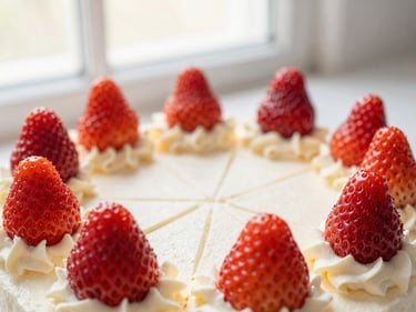 Overhead shot of a slice of Morango com Ninho cake, highlighting fresh red strawberries contrasting with white Ninho cream and moist cake. Soft side window light, pastel tones, shallow depth of field, 50mm macro.