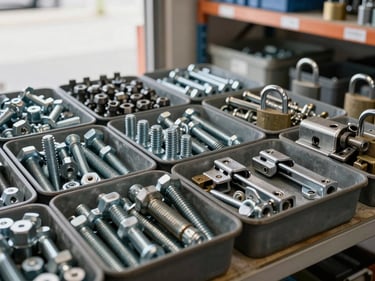 Wide shot of industrial fasteners and heavy hardware — hex bolts, threaded rods, heavy-duty hinges, and padlocks arranged in organized bins on a warehouse shelf, natural daylight through a loading bay
