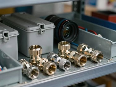 Close-up of electrical conduit fittings and wiring accessories — conduit connectors, junction boxes, and cable trays on a steel shelf under cool warehouse lighting