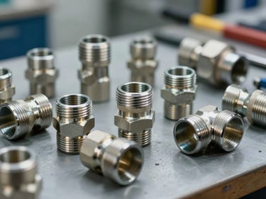 Close-up straight-on shot of imported steel pipe fittings, elbow joints, and plumbing hardware arranged on a workshop bench under bright studio lighting, metal surfaces reflecting crisp detail