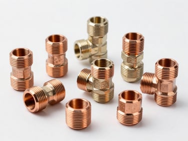 Straight-on product shot of copper and PVC plumbing fittings — elbow joints, valves, and compression couplings arranged on a white studio surface under bright even lighting