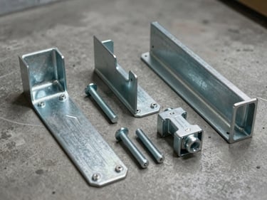 Overhead catalog view of structural steel fittings — brackets, anchor bolts, and beam connectors laid flat on a concrete surface under studio strobe lighting, sharp metal detail