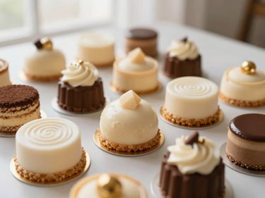 An assortment of beautifully presented desserts and pastries, soft light, inviting, cream and gold accents.