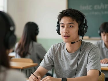 Student wearing headphones speaking confidently during an interactive language session.