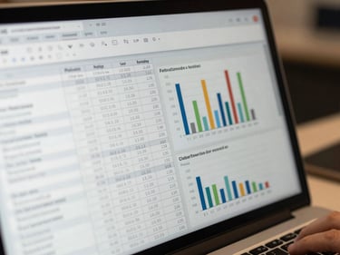 Close-up of spreadsheets and charts on a computer screen in an office.