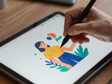 Designer working with a stylus and tablet on a colorful vector illustration.