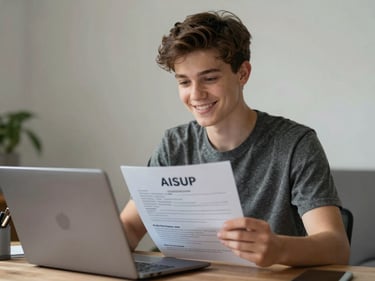 Confident teenager smiling while preparing a physical resume on a laptop.