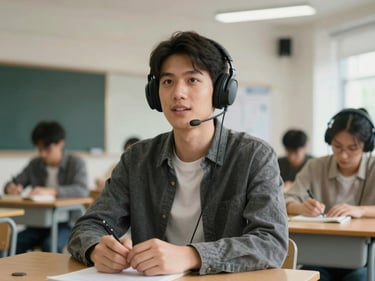 Young adult speaking confidently with headphones in a modern classroom setting