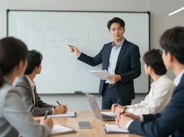 Young professional presenting a project to colleagues in a meeting room.